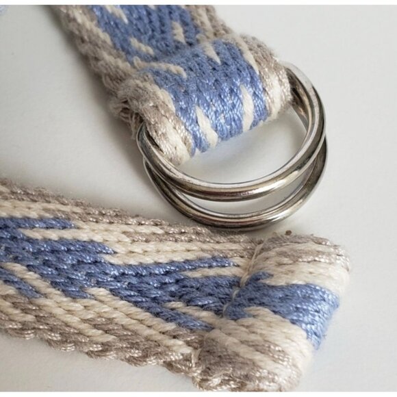 Woven Boho Chic Belt With Blue & Beige Geometric Pattern And D-Ring - Picture 5 of 10
